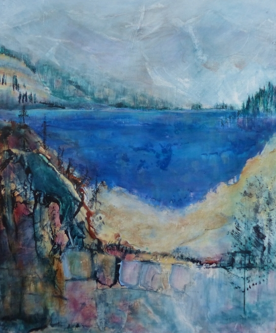 Alpine Lake 24' H X 20" W Acrylic, mixed media on board